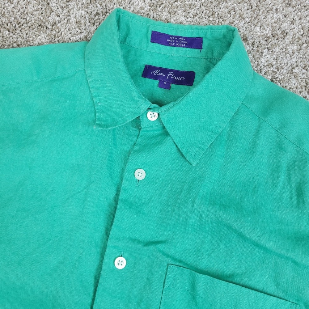 Alan Flusser Mens Small Solid Green Button Up Short Sleeve 100% Linen